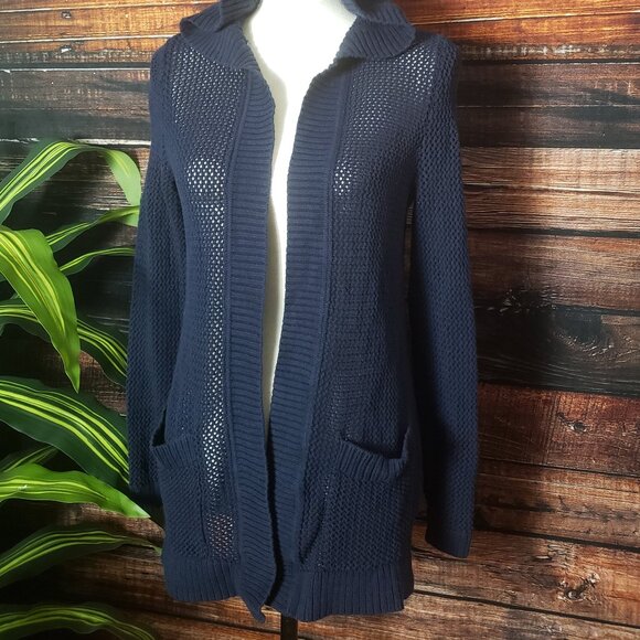 Talbots Medium Petite Open Hooded Loose Knit Cardigan Sweater Navy Blue Cotton - Picture 5 of 8